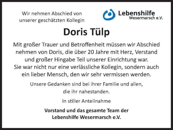 Traueranzeige von Doris Tülp von Nordwest-Zeitung