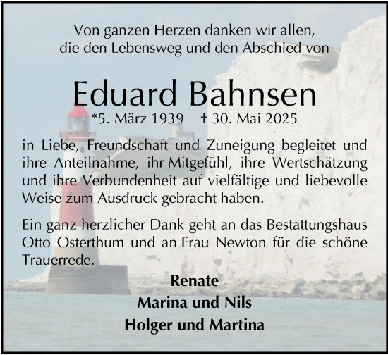 Traueranzeige von Eduard Bahnsen von Nordwest-Zeitung