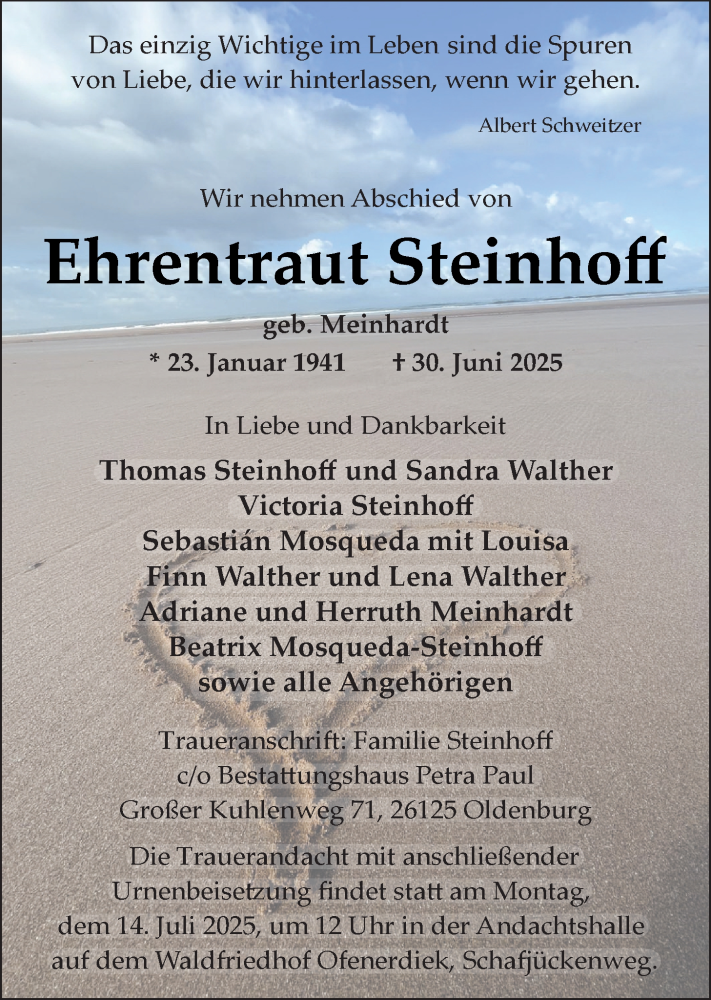  Traueranzeige für Ehrentraut Steinhoff vom 05.07.2025 aus Nordwest-Zeitung