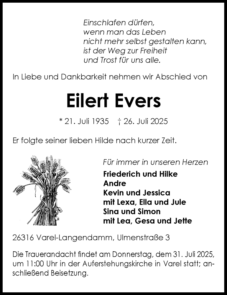  Traueranzeige für Eilert Evers vom 29.07.2025 aus Nordwest-Zeitung