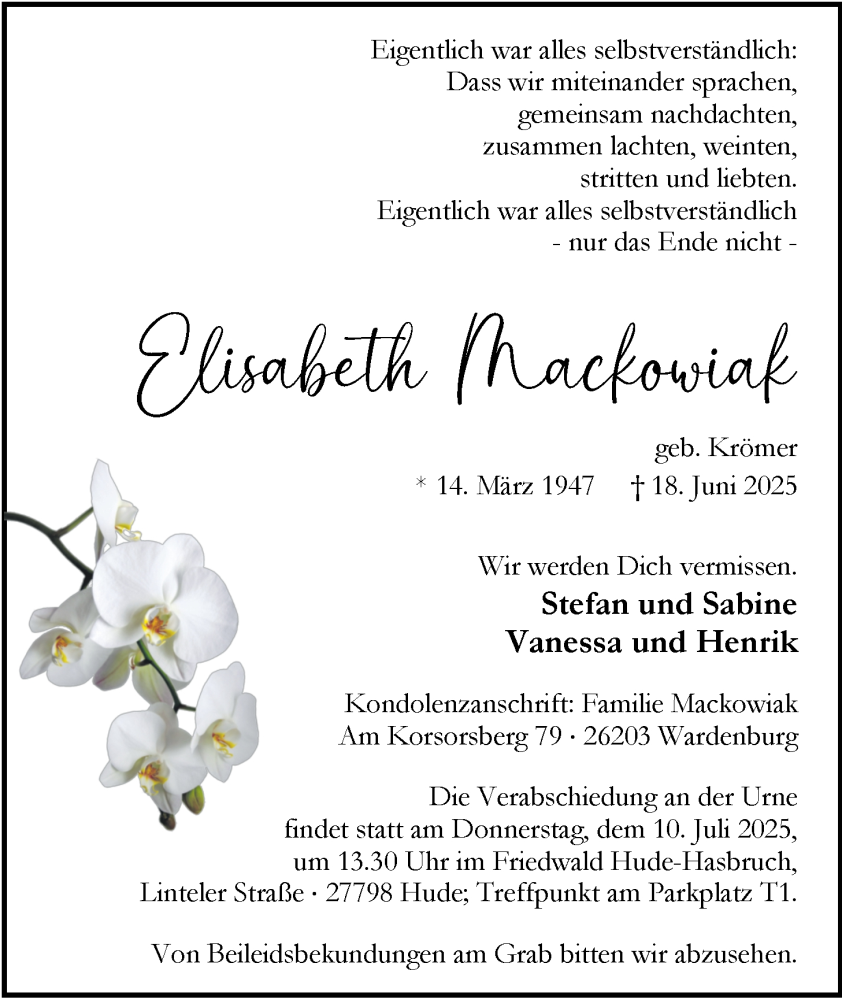  Traueranzeige für Elisabeth Mackowiak vom 05.07.2025 aus Nordwest-Zeitung