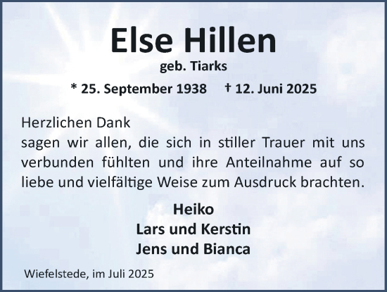 Traueranzeige von Else Hillen von Nordwest-Zeitung