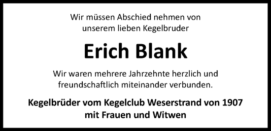 Traueranzeige von Erich Blank von Nordwest-Zeitung