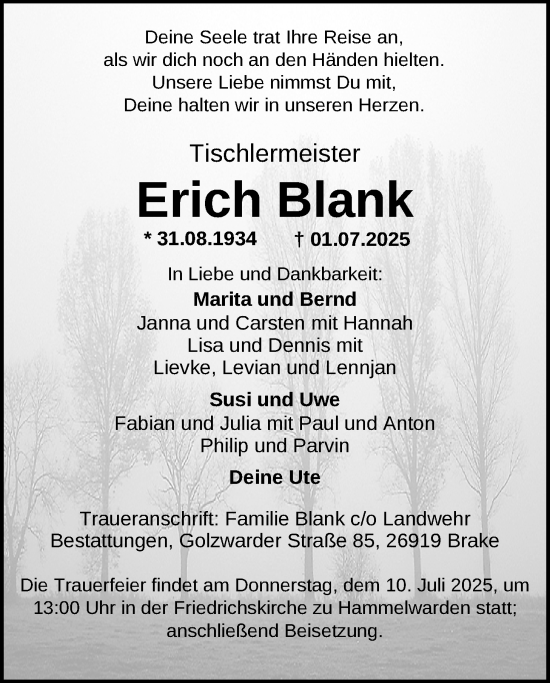 Traueranzeige von Erich Blank von Nordwest-Zeitung