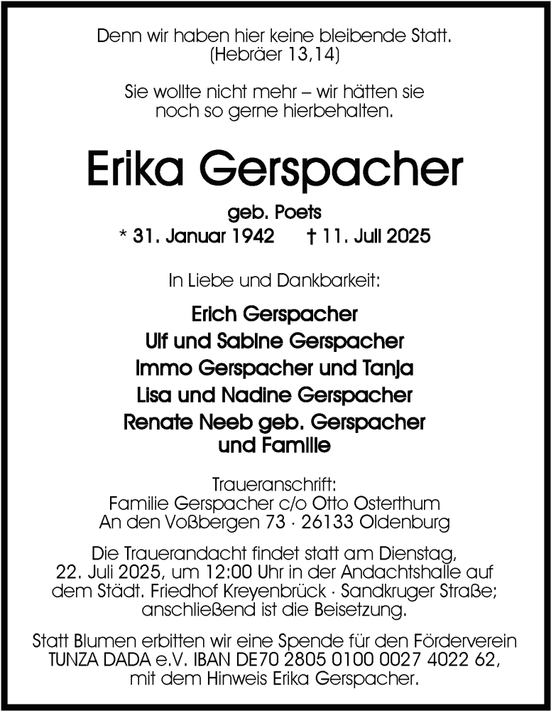  Traueranzeige für Erika Gerspacher vom 18.07.2025 aus Nordwest-Zeitung