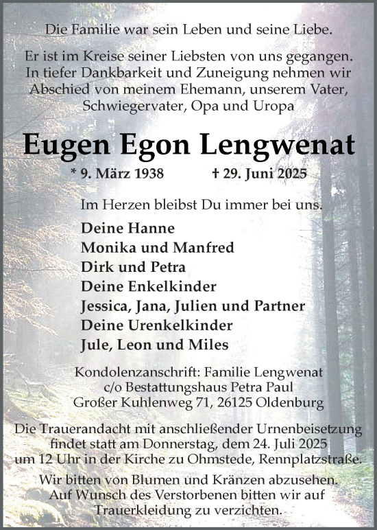 Traueranzeige von Eugen Egon Lengwenat von Nordwest-Zeitung