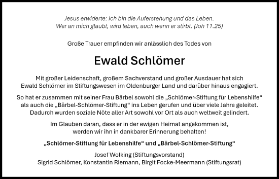 Traueranzeige von Ewald Schlömer von Nordwest-Zeitung