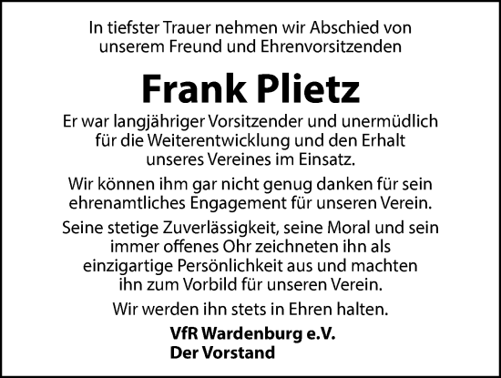 Traueranzeige von Frank Plietz von Nordwest-Zeitung