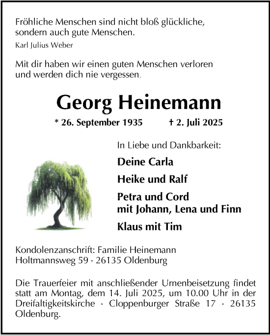 Traueranzeige von Georg Heinemann von Nordwest-Zeitung