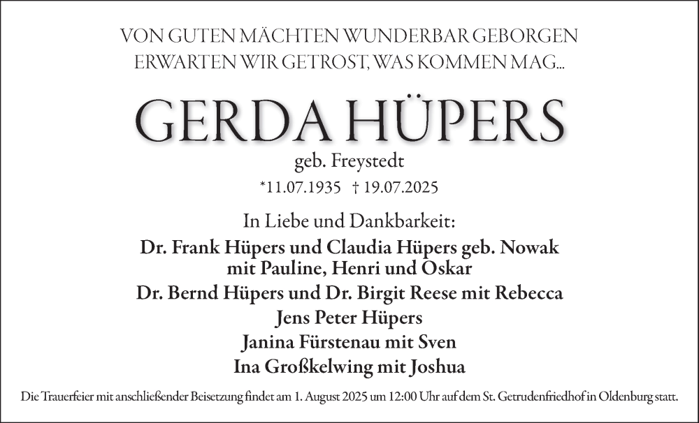  Traueranzeige für Gerda Hüpers vom 26.07.2025 aus Nordwest-Zeitung