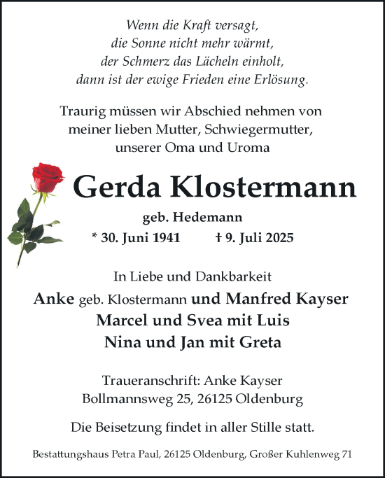 Traueranzeige von Gerda Klostermann von Nordwest-Zeitung