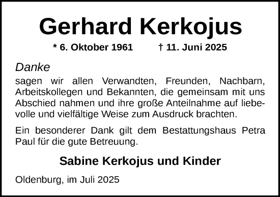 Traueranzeige von Gerhard Kerkojus von Nordwest-Zeitung