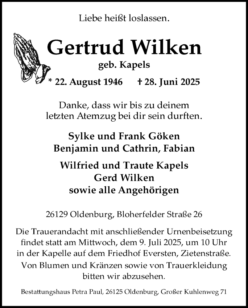  Traueranzeige für Gertrud Wilken vom 05.07.2025 aus Nordwest-Zeitung