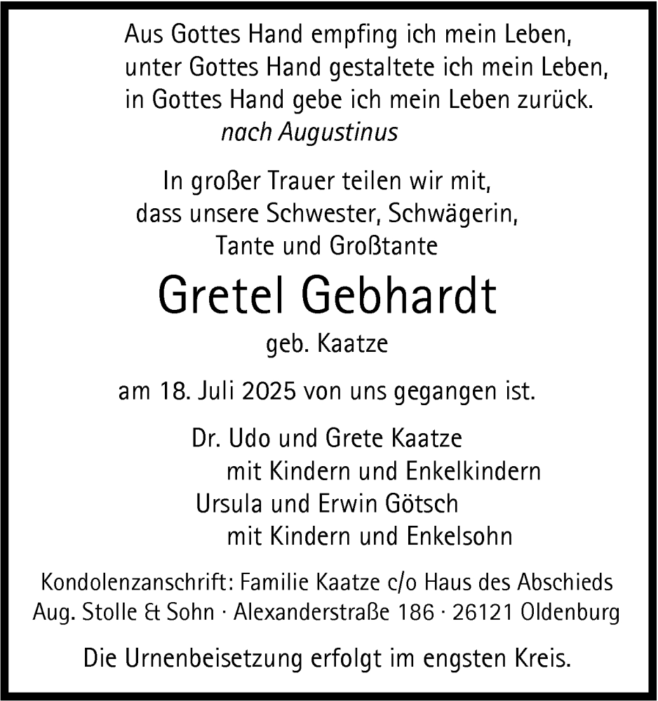  Traueranzeige für Gretel Gebhardt vom 26.07.2025 aus Nordwest-Zeitung