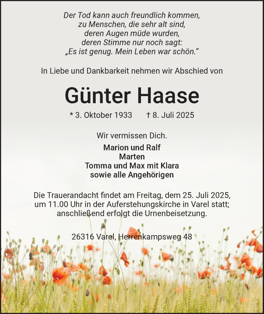  Traueranzeige für Günter Haase vom 18.07.2025 aus Nordwest-Zeitung