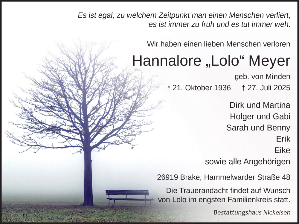  Traueranzeige für Hannalore Meyer vom 01.08.2025 aus Nordwest-Zeitung