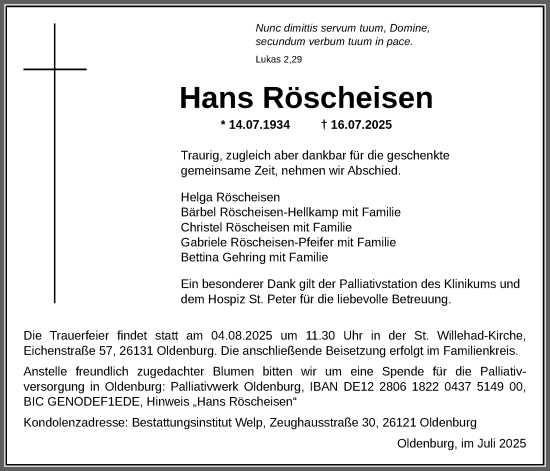 Traueranzeige von Hans Röscheisen von Nordwest-Zeitung