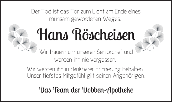 Traueranzeige von Hans Röscheisen von Nordwest-Zeitung