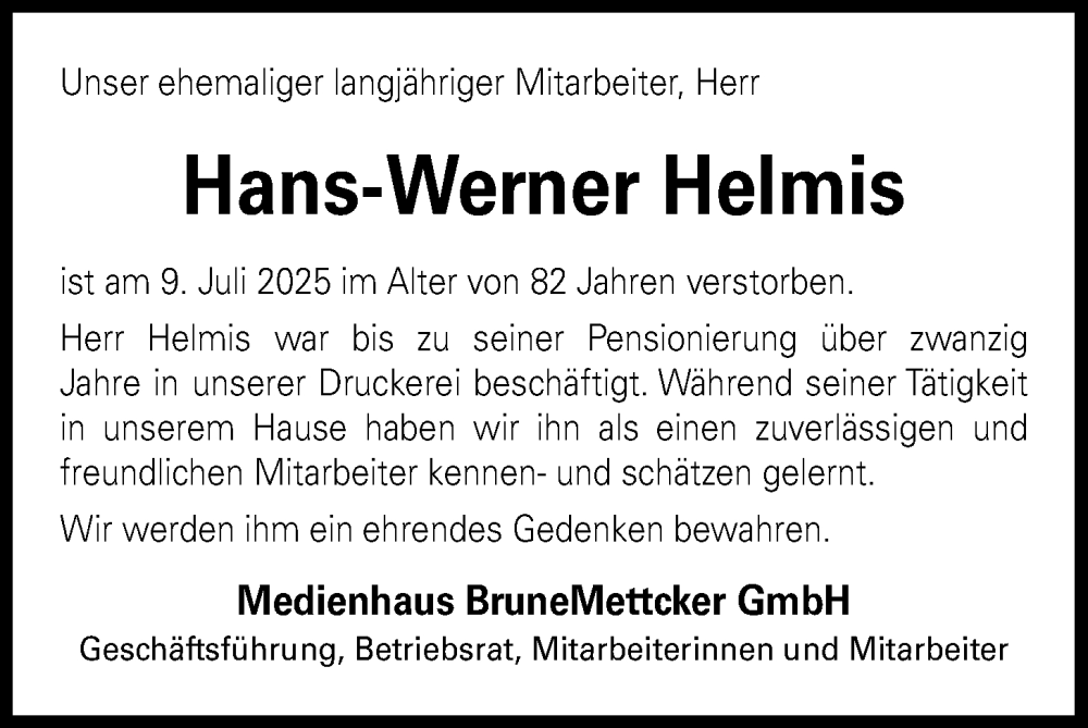  Traueranzeige für Hans-Werner Helmis vom 19.07.2025 aus WZ/JW/AH