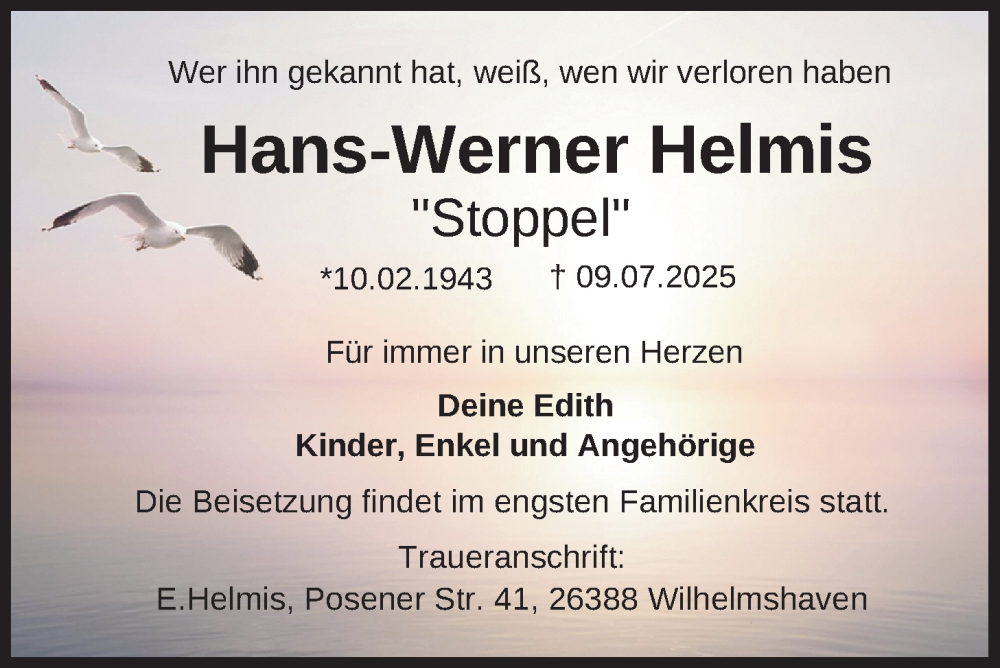  Traueranzeige für Hans-Werner Helmis vom 19.07.2025 aus WZ/JW/AH