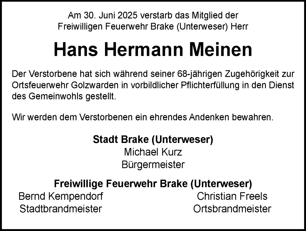  Traueranzeige für Hans Hermann Meinen vom 04.07.2025 aus Nordwest-Zeitung