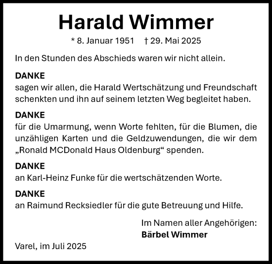 Traueranzeige von Harald Wimmer von Nordwest-Zeitung