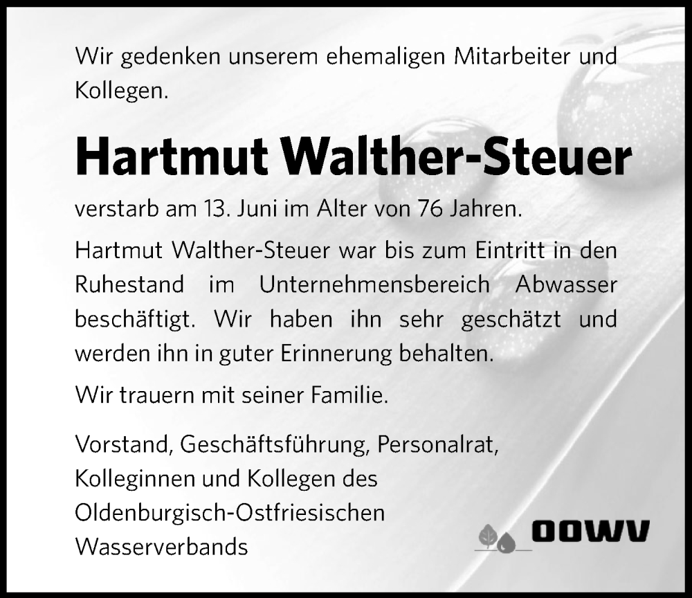  Traueranzeige für Hartmut Walther-Steuer vom 05.07.2025 aus Nordwest-Zeitung