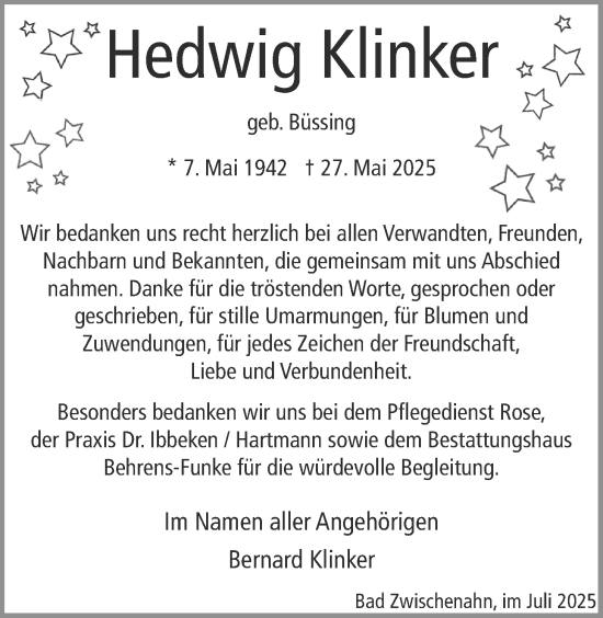 Traueranzeige von Hedwig Klinker von Nordwest-Zeitung