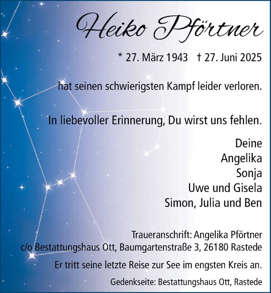  Traueranzeige für Heiko Pförtner vom 05.07.2025 aus Nordwest-Zeitung