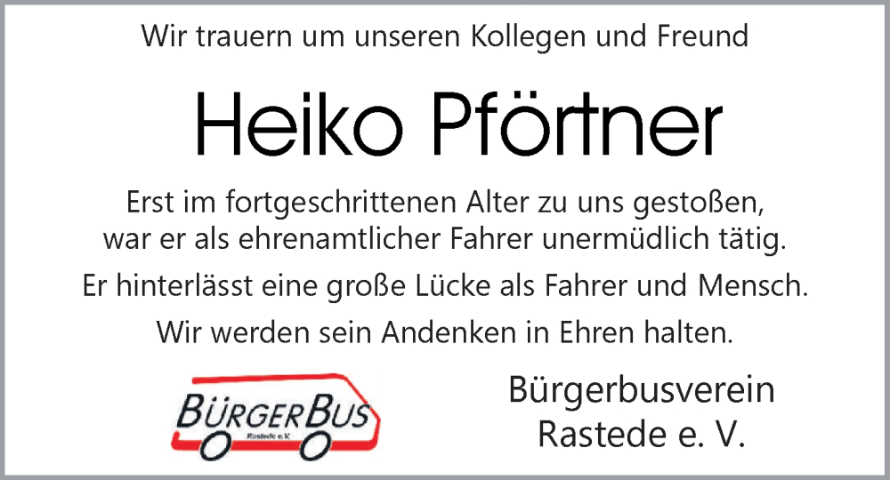  Traueranzeige für Heiko Pförtner vom 05.07.2025 aus Nordwest-Zeitung