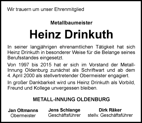 Traueranzeige von Heinz Drinkuth von Nordwest-Zeitung