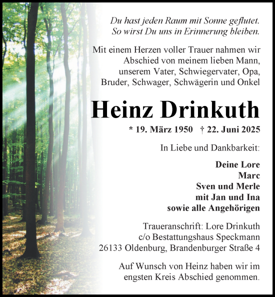 Traueranzeige von Heinz Drinkuth von Nordwest-Zeitung
