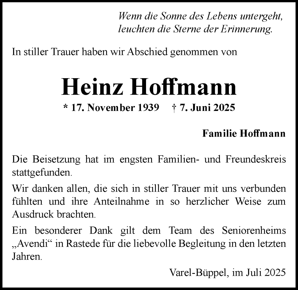  Traueranzeige für Heinz Hoffmann vom 05.07.2025 aus Nordwest-Zeitung