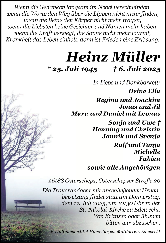  Traueranzeige für Heinz Müller vom 12.07.2025 aus Nordwest-Zeitung