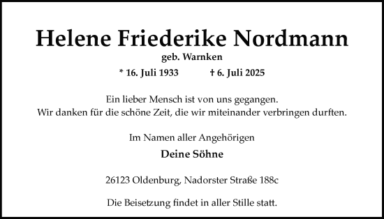 Traueranzeige von Helene Friederike Nordmann von Nordwest-Zeitung