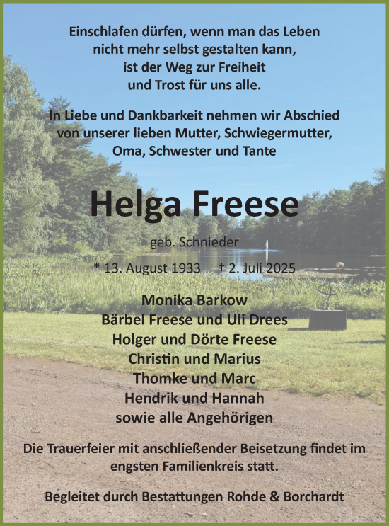 Traueranzeige von Helga Freese von Nordwest-Zeitung