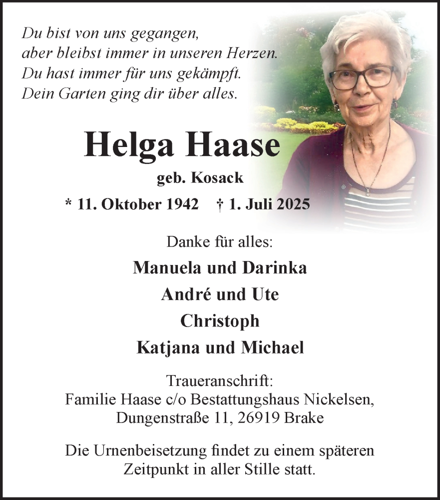  Traueranzeige für Helga Haase vom 12.07.2025 aus Nordwest-Zeitung