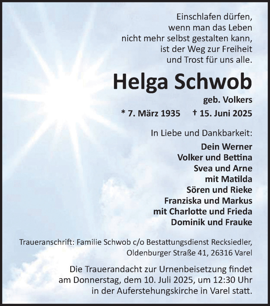  Traueranzeige für Helga Schwob vom 05.07.2025 aus Nordwest-Zeitung