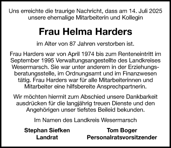 Traueranzeige von Helma Harders von Nordwest-Zeitung