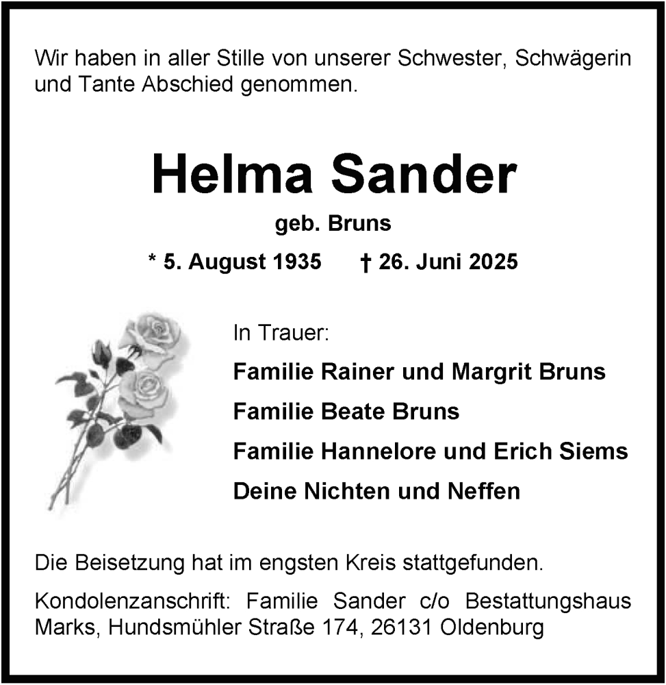  Traueranzeige für Helma Sander vom 12.07.2025 aus Nordwest-Zeitung