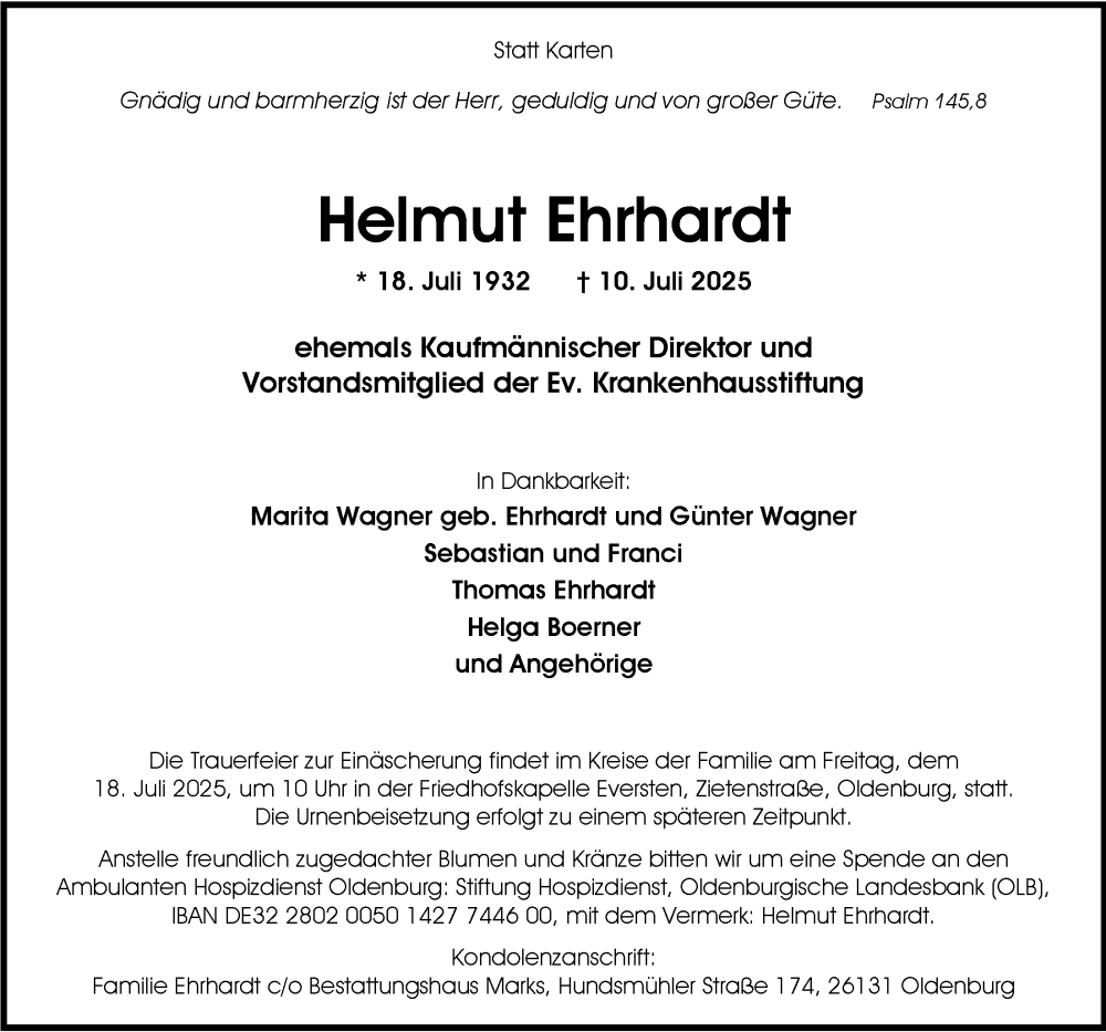 Traueranzeige für Helmut Ehrhardt vom 12.07.2025 aus Nordwest-Zeitung