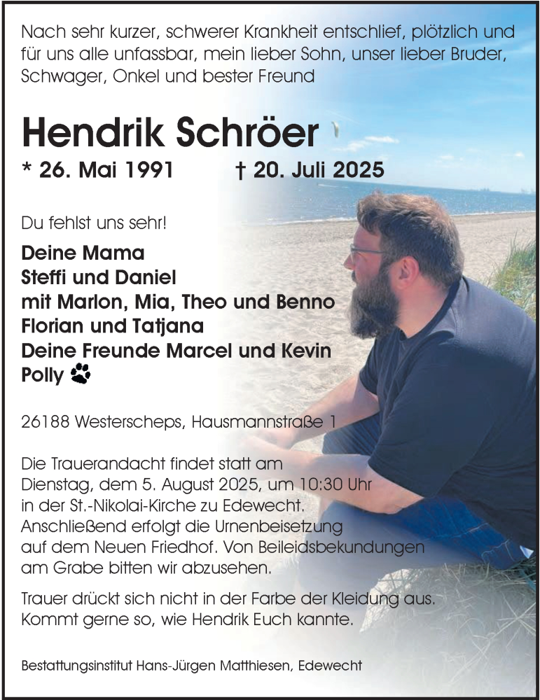  Traueranzeige für Hendrik Schröer vom 26.07.2025 aus Nordwest-Zeitung