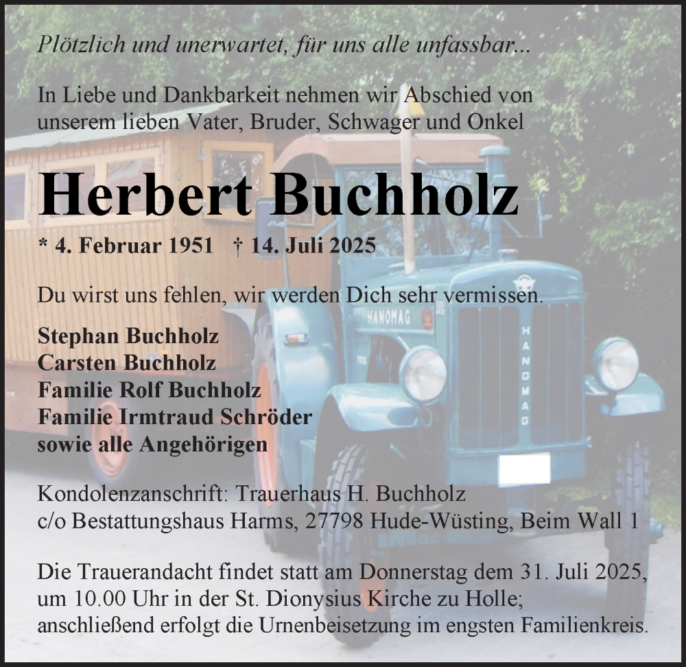  Traueranzeige für Herbert Buchholz vom 26.07.2025 aus Nordwest-Zeitung