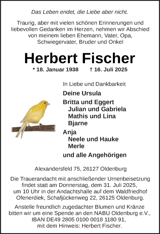 Traueranzeige von Herbert Fischer von Nordwest-Zeitung