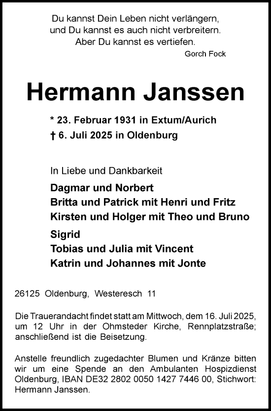 Traueranzeige von Hermann Janssen von Nordwest-Zeitung