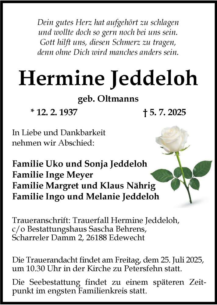  Traueranzeige für Hermine Jeddeloh vom 19.07.2025 aus Nordwest-Zeitung