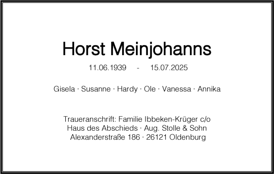 Traueranzeige von Horst Meinjohanns von Nordwest-Zeitung