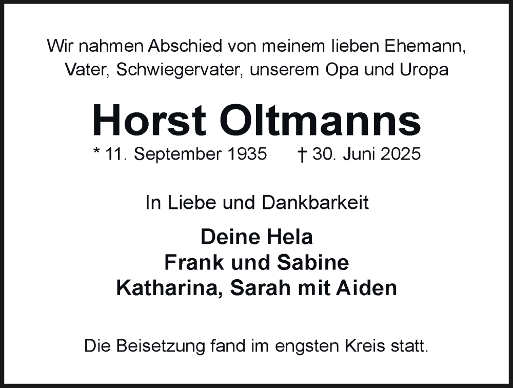  Traueranzeige für Horst Oltmanns vom 15.07.2025 aus Nordwest-Zeitung