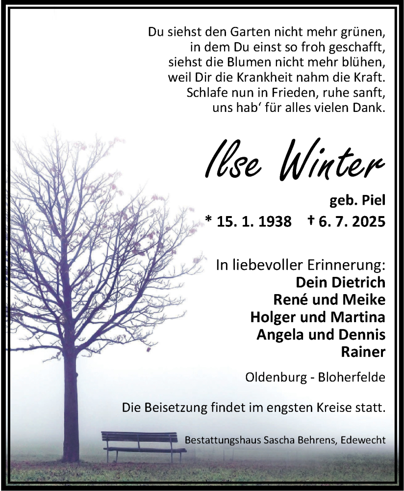  Traueranzeige für Ilse Winter vom 12.07.2025 aus Nordwest-Zeitung