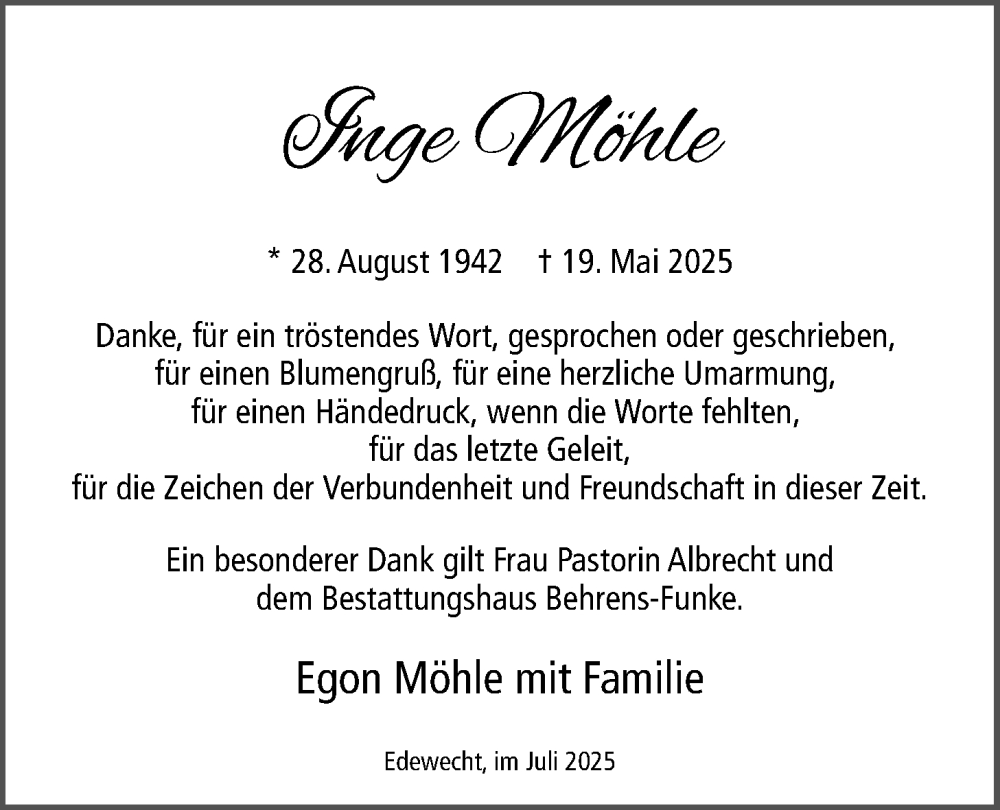  Traueranzeige für Inge Möhle vom 12.07.2025 aus Nordwest-Zeitung